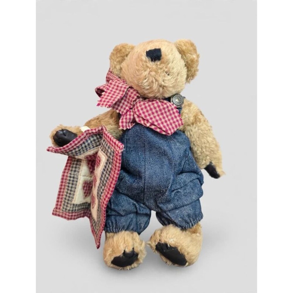Vintage Quilt Patch Bear Denim Overalls Bow Holding Quilt Plush Boyds Style